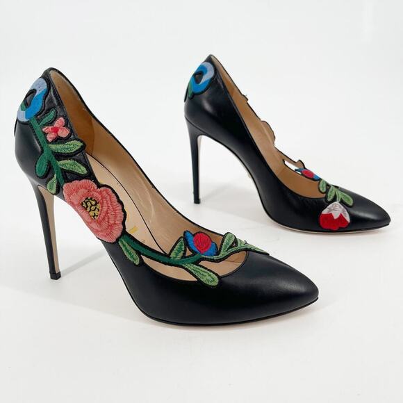 Gucci Black Leather Ophelia Floral Embroidered Pointed Toe Heel Pump size EU 40 - Picture 1 of 12